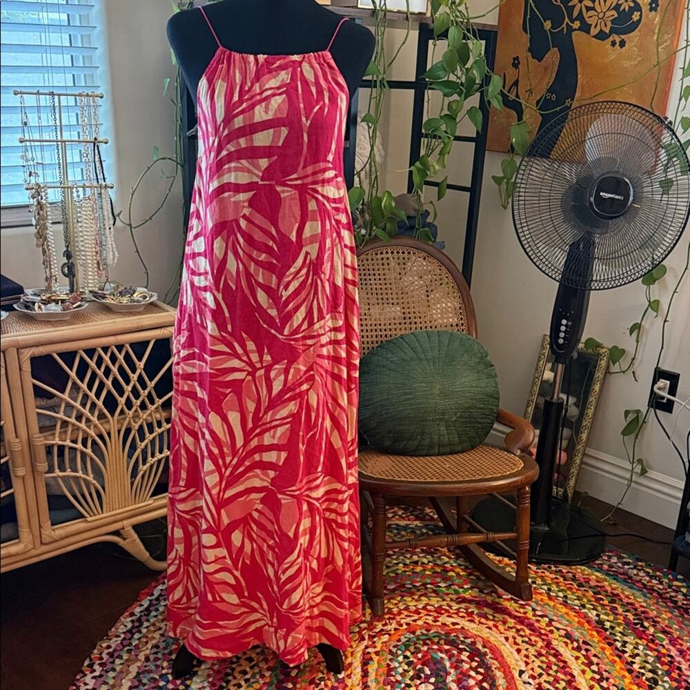 Tahari Pink & Coral Tropical Linen Blend Tassel Tie Boho Resort Midi Maxi Dress